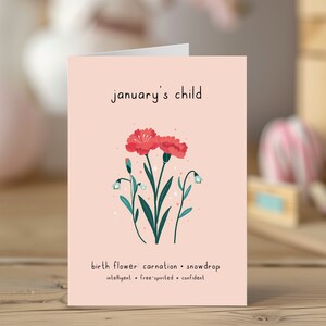 Niño de enero - Inteligente, de espíritu libre, seguro / Tarjeta de flor de nacimiento de clavel / Flor de nacimiento / Tarjeta de baby shower / Nueva tarjeta de bebé
