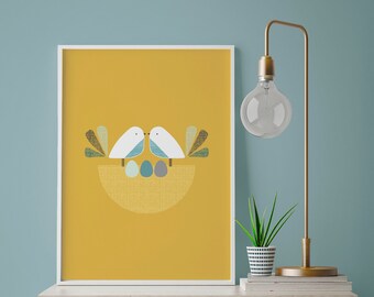 Nesting Birds -A4-Print- Mustard - Illustration- Birds Print -Home Decor - Interior print- Mid century print - Birds Wall Art - Home Decor