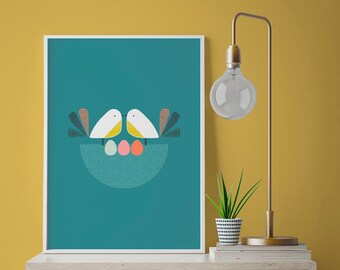 Nesting Birds -A4-Print- Teal- Illustration- Birds Print -Home Decor - Interior print- Mid century print - Birds Wall Art - Home Decor