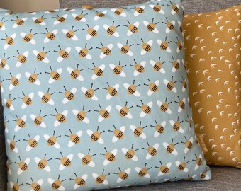 HAPPBEE DAYS Cushion- Bee printed cushion -feather filled inner pad-100% Cotton Panama -45cmx45cm. Premium quality- Modern- Scandi-Bee print