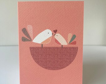 Nesting Bird Blank Card | Bird Greeting Card | Cute Illustration | Handmade|  Bird  Card | Blank Card | Pink & Teal Options