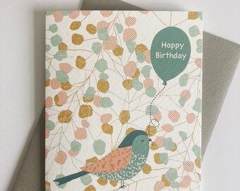 Blossom Bird Happy Birthday Card | Bird Greeting Card | Cute Illustration | Handmade|  Bird Birthday Card | Happy Birthday Card |