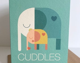 Elephant cuddles Greetings card- Send a hug - Care- Handmade- Cuddles card- Mummy & Daddy hugs-Cuddling card