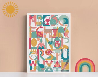 Alphabet Print, Bright-Pink , Kids bedroom print, Nursery print, Educational, Playroom print, ABC wall art, illustration, ABC print