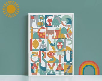 Alphabet Print, Generic Bright, Kids bedroom print, Nursery print, Educational, Playroom print, ABC wall art, Illustration, ABC print