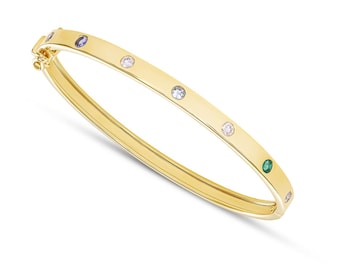 Personalized Birthstone Bangle Bracelet • 14k Gold Stackable Bracelet • Custom Family Jewelry • Gift for Mom • Gold Bracelet with Birthstone