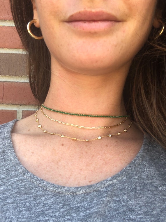 14K Gold Emerald Choker Tennis Necklace
