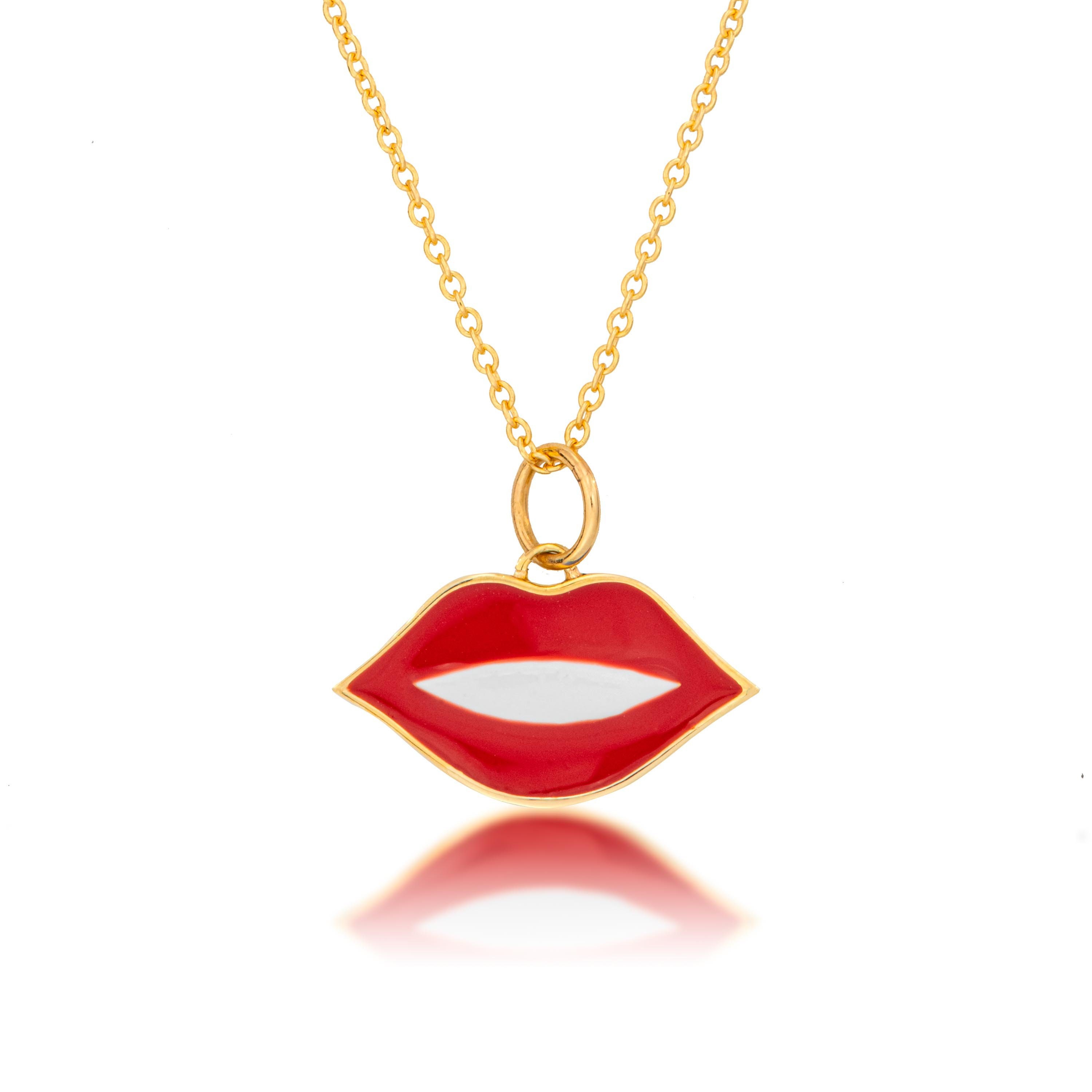 14K Gold Enamel Lip Necklace Etsy