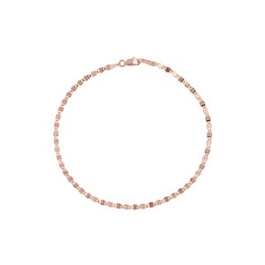 May include: A delicate rose gold bracelet with a repeating oval link design. The bracelet is closed with a small clasp. The jewelry is displayed on a white background.