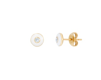 14K Gold Diamond and White Enamel Earrings