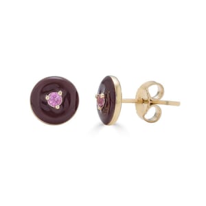 14K Gold Purple Enamel and Pink Sapphire Studs