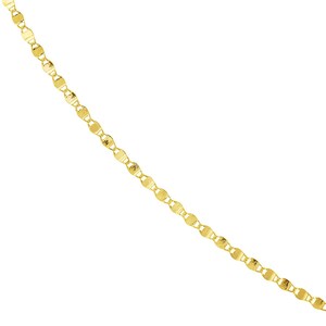 May include: A delicate gold necklace with a repeating pattern of small, flat, circular links. The chain is angled across a white background, showcasing the jewelry's shine and design. The necklace appears to be made of solid gold.