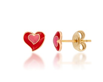 14K Gold Enamel Heart Earrings