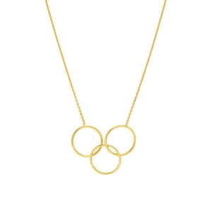 May include: A gold-colored necklace featuring three interlocking circles. The circles are suspended from a delicate chain. The necklace is displayed against a white background, highlighting the jewelry's design.