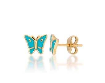 14K Gold Turquoise Enamel Butterfly Earrings