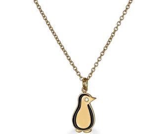 14k Gold Penguin Charm • Diamond Eye Animal Necklace • Cute Gold Charm Jewelry • 14k Animal Pendant • Penguin Necklace
