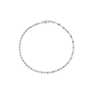 May include: A delicate silver bracelet with a repeating oval link design. The bracelet is made of a shiny, reflective metal and features a small clasp. The jewelry is displayed on a white background.