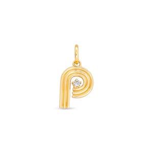 May include: A gold-colored pendant in the shape of the letter "P". The pendant features a small, sparkling diamond at the center of the swirl. The design is minimalist and elegant, suitable for everyday wear.