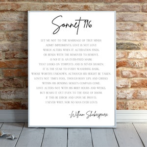Sonetto 116 di William Shakespeare / Letteratura Poesia Stampa digitale / Decorazioni per la casa / Amore / Regalo di anniversario di matrimonio A4