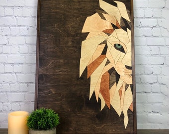 Geometric Lion Head Wood Wall Art: Safari Decor