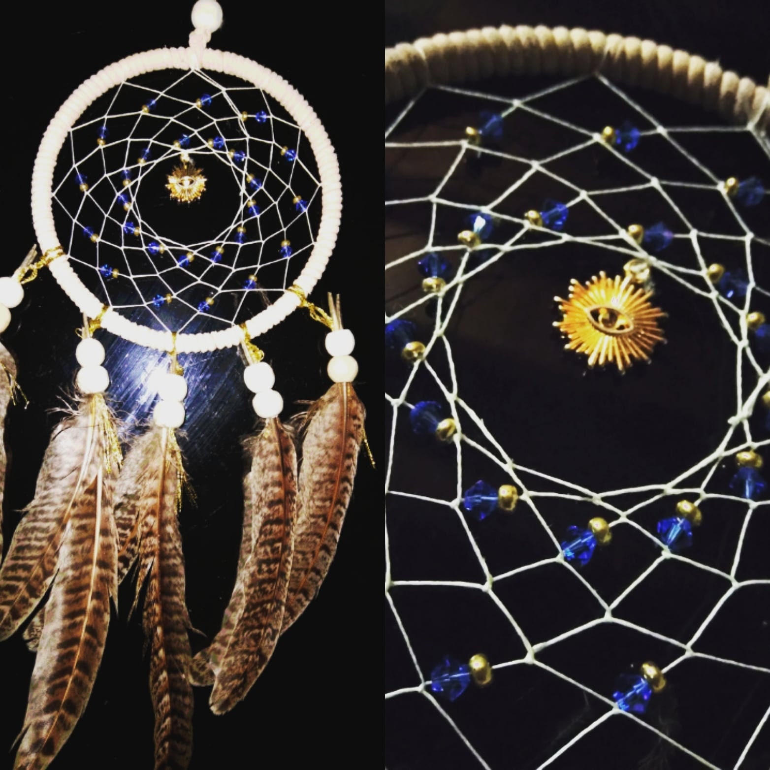 Attrapes Rêves 3Éme Oeil, Cristal Bleu Roi, Cuir Non Traité, Perles Bois,