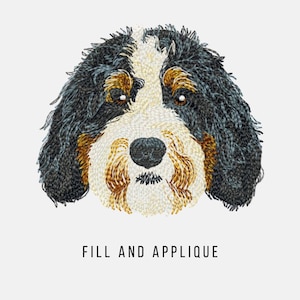 May include: Machine embroidery design of a Bernedoodle dog face. The dog has black, white, and brown fur. The design is labeled "Fill and Applique" and "Multiple Sizes in Different Formats".