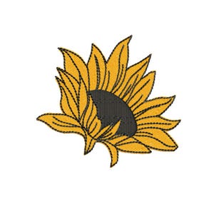 May include: A machine embroidery design of a yellow sunflower with a black center. The design is labeled "Sunflower" and "Machine Embroidery Design".