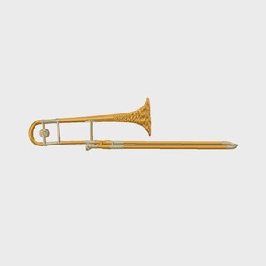 Pode incluir: Um trombone dourado com campânula e vara detalhadas, sobre um fundo cinza claro. A imagem inclui o texto "Trobone Fill Design Machine Embroidery Files" e "Multiple Sizes and File Types".