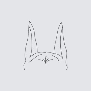 May include: Line drawing of a rabbit's head with ears, viewed from behind.