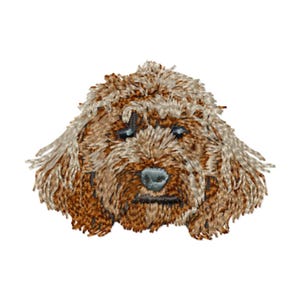 Puede incluir: Un diseño bordado de la cara de un Cockapoo en tonos marrones y beige. El texto "COCKAPOO FACE MACHINE EMBROIDERY DESIGN" está en la parte superior, con "MULTIPLE SIZES AND FILE TYPES" en la parte inferior.