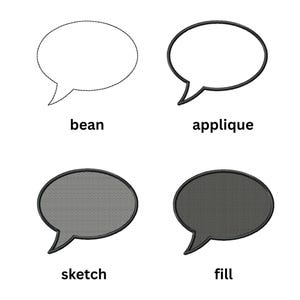 Könnte beinhalten: Auf weißem Hintergrund sind vier Sprechblasendesigns mit den Bezeichnungen "bean", "applique", "sketch" und "fill" abgebildet. Der Text "SPEECH BUBBLE MACHINE EMBROIDERY DESIGN" und "MULTIPLE SIZES IN DIFFERENT FORMATS" ist ebenfalls vorhanden.