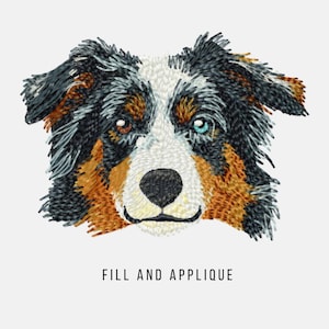Australian shepherd colorful dog face machine embroidery design, fill stitch multiple sizes, cartoon dog pes embroidery files,