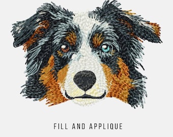 Australischer Schäferhund Hundegesicht, Maschinenstickerei, Füllstich mehrere Größen, Cartoon Hund Pes Stickdateien,