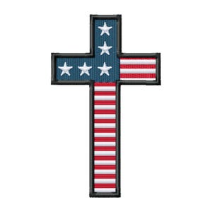 May include: Embroidered cross design featuring the American flag. The cross has a blue upper section with white stars and a red and white striped lower section. The text "PATRIOTIC CROSS MACHINE EMBROIDERY DESIGN" is at the top.