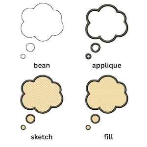 May include: Machine embroidery design with four thinking bubble styles: bean, applique, sketch, and fill. Text reads "THINKING BUBBLE MACHINE EMBROIDERY DESIGN" and "MULTIPLE SIZES IN DIFFERENT FORMATS".