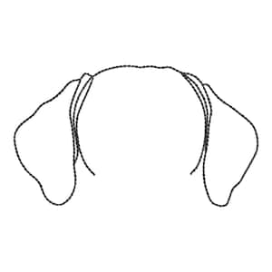 Puede incluir: Un dibujo lineal negro de las orejas de un perro. La imagen muestra dos orejas grandes y caídas con contornos detallados, sobre un fondo blanco liso. El diseño tiene una estética minimalista.
