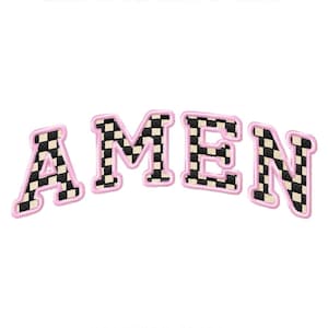 May include: Machine embroidery file design of the word "AMEN" in black and white checkered pattern with pink outline.