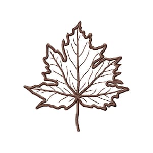 Puede incluir: Un contorno marrón de una hoja de arce con venas detalladas.