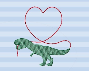Op de afbeelding: Borduurontwerp met een groene dinosaurus met een rood hartkoord dat uit zijn mond komt. Het ontwerp is perfect voor Valentijnsdag of elke andere gelegenheid.