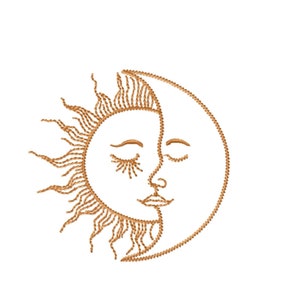 Pode incluir: Um desenho de linha de um sol e uma lua crescente com os olhos fechados. O sol tem raios e a lua está meio cheia.
