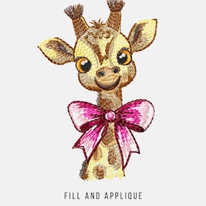 Girrafe with bow Machine Embroidery Design, Fill Stitch and Applique, 3in - 8in