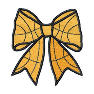 May include: A yellow bow with a basketball pattern. The bow is outlined in black. The text "BASKETBALL PATTERN BOW" and "MACHINE EMBROIDERY DESIGN" is above the bow. The text "MULTIPLE SIZES IN DIFFERENT FORMATS APPLIQUE AND FILL" is below the bow.