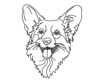 Corgi Dog Face Machine Embroidery Design, Outline Back Stitch Style, 2in - 8in sizes