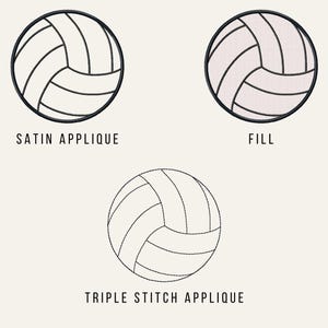 Könnte beinhalten: Eine Schwarzweißillustration eines Volleyballs mit verschiedenen Sticharten. Die Sticharten umfassen Satin-Applikation, Füllung und dreifache Stich-Applikation. Der Text "VOLLEYBALL BALL" und "MACHINE EMBROIDERY DESIGN" befindet sich oben im Bild. Der Text "MULTIPLE SIZES IN DIFFERENT FORMATS" befindet sich unten im Bild.