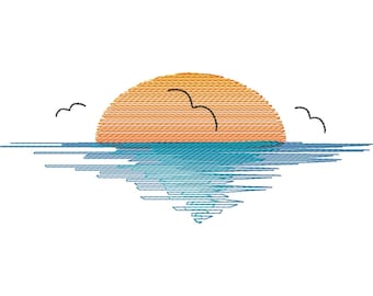 Sunset Machine Embroidery Design with Ocean, Light Density: 4in -12in