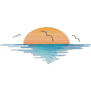 Sunset Machine Embroidery Design with Ocean, Light Density: 4in -12in