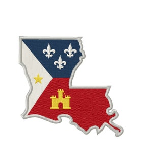 Louisiana region fill embroidery design for machine, cajun flag embroidery patterns, fleur de lis pes, castle and star, blue, red, white