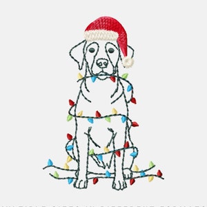 May include: A white Labrador Retriever wearing a red Santa hat and wrapped in colorful Christmas lights. Machine embroidery design.