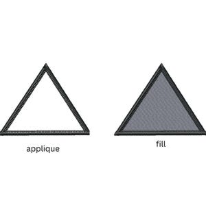 Puede incluir: Dos diseños de bordado a máquina de triángulos con bordes festoneados. Uno es un diseño de aplique y el otro es un diseño de relleno. El texto "Triangle with Merrowed Edge" y "Machine Embroidery Design" está en la parte superior. Las palabras "Applique" y "Fill" están debajo.