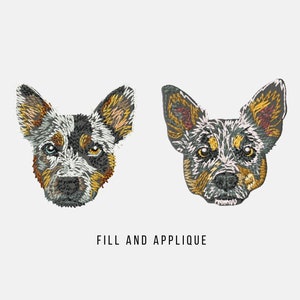 Peut inclure: Broderie machine d'un visage de chien Heeler, en bleu, marron, blanc et noir, avec le texte "HEELER DOG FACE" et "MACHINE EMBROIDERY DESIGN" au-dessus de l'image et "FILL AND APPLIQUE" en dessous de l'image.